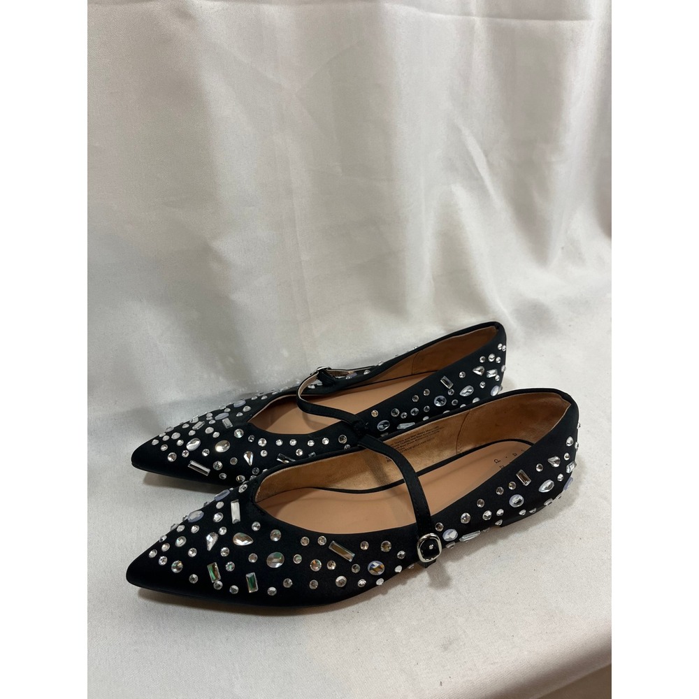 A New Day Womens Black Rhinestone Embellished Pointed Toe Mary Jane Flats Size 9